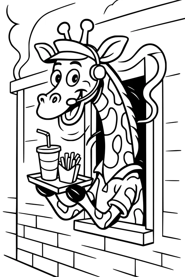 Free Giraffe Coloring Page - Funny Fast Food Drive-Thru Scene (Printable PDF)