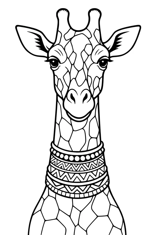 Free Giraffe Coloring Page - Cute Girl Giraffe With Patterned Necklaces (Printable PDF)