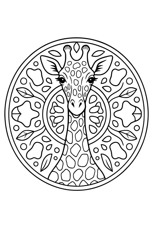 Free Giraffe Coloring Page - Mandala Jungle Garden Portrait (Printable PDF)