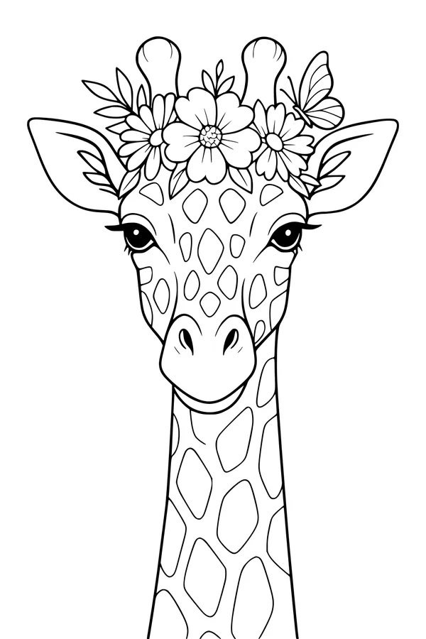 Free Giraffe Coloring Page - Cute Face With Flower Crown and Butterfly (Printable PDF)