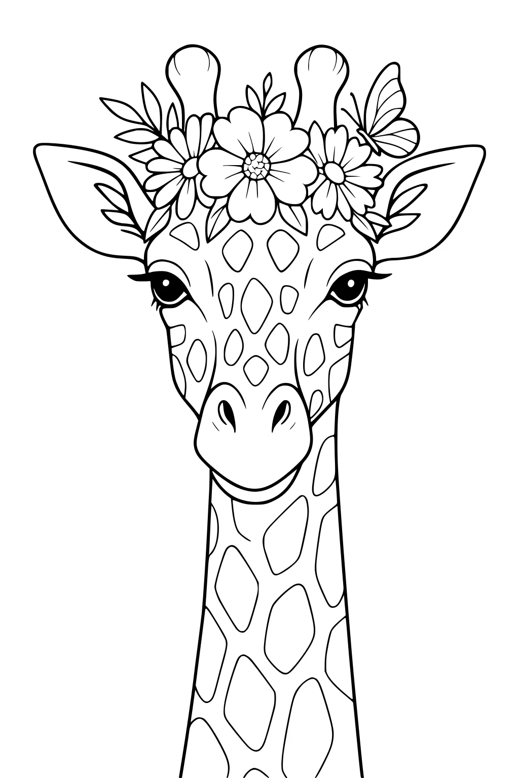 Giraffe face with flower crown and butterfly on its head, large diamond spots, and long neck.