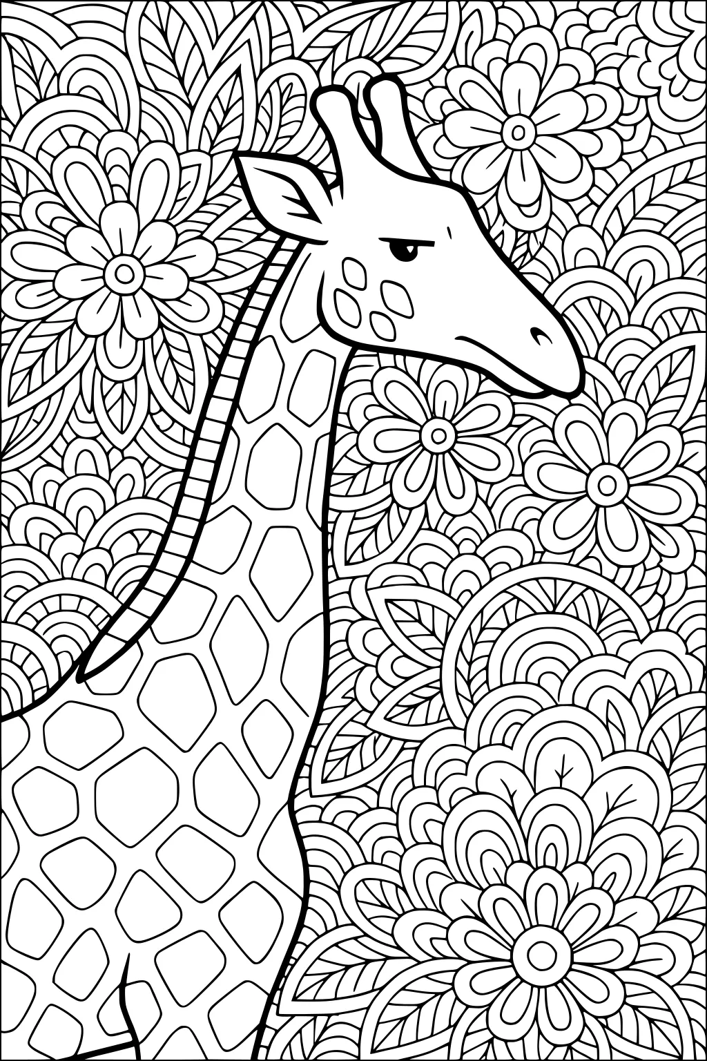 A giraffe with large spots stands in front of swirling, detailed flowers and leafy patterns.
