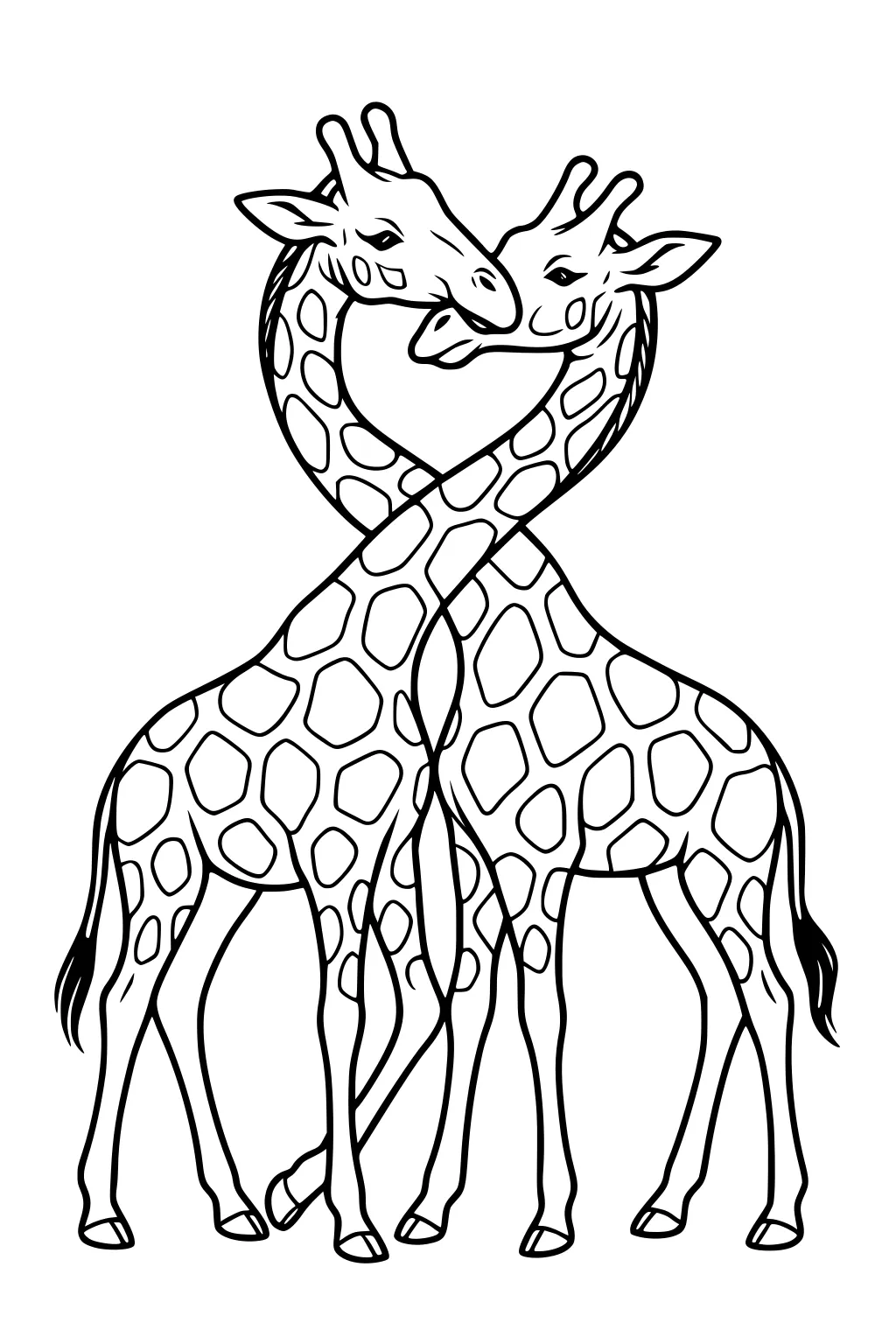 Two giraffes standing, necks twisted to make a heart shape, smiling with spotted bodies and tails showing.