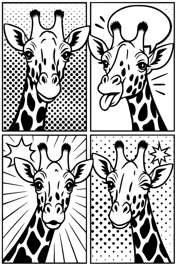 Free Giraffe Coloring Page - Silly Comic Faces in Pop Art Panels (Printable PDF)