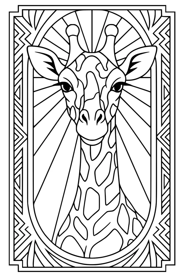 Free Giraffe Coloring Page - Sunburst Portrait with Geometric Border (Printable PDF)