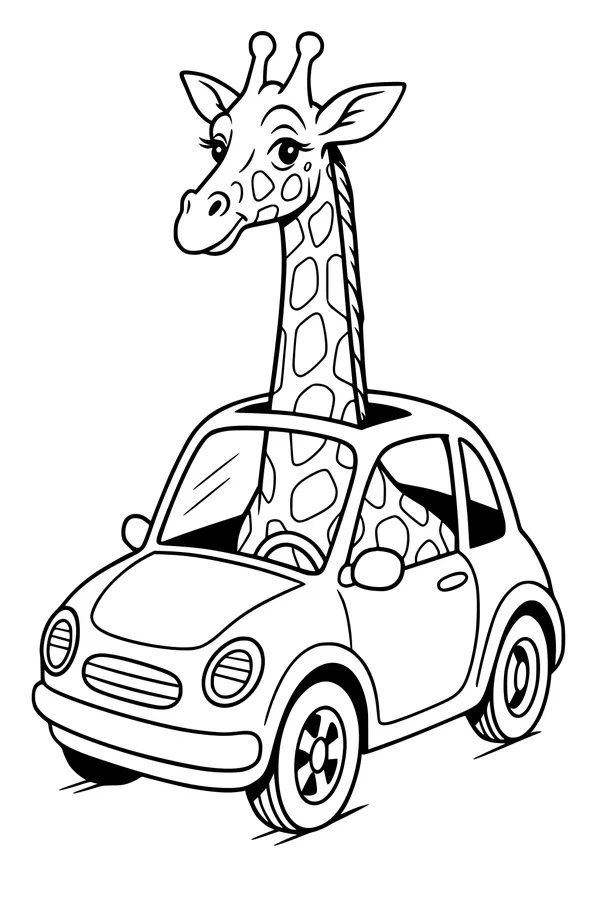 Free Giraffe Coloring Page - Tall Driver in a Tiny Cartoon Car (Printable PDF)