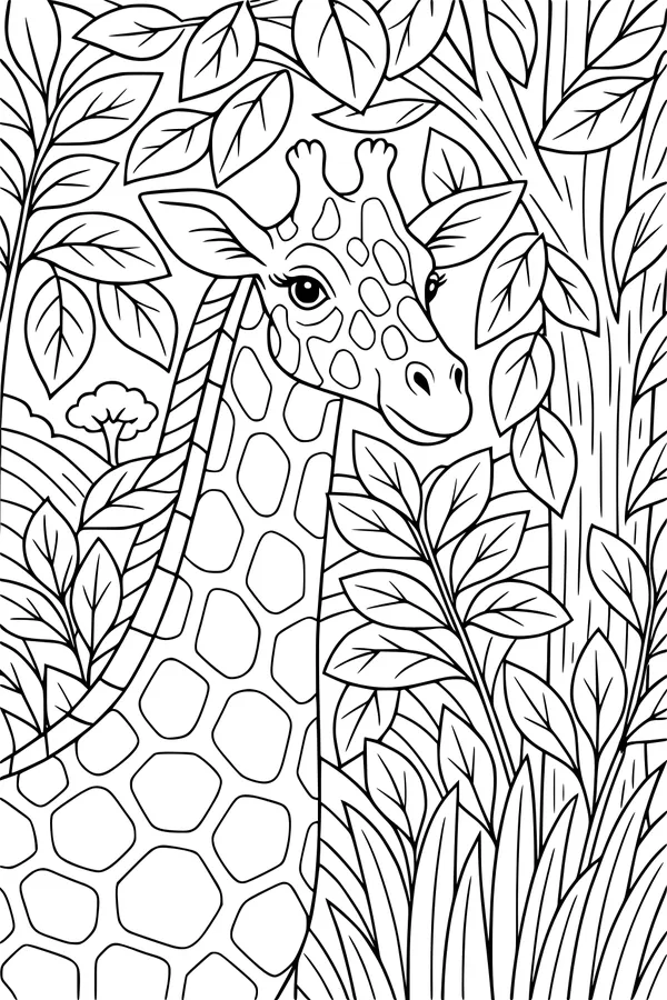 Free Giraffe Coloring Page - Tall Friend in a Leafy Jungle (Printable PDF)