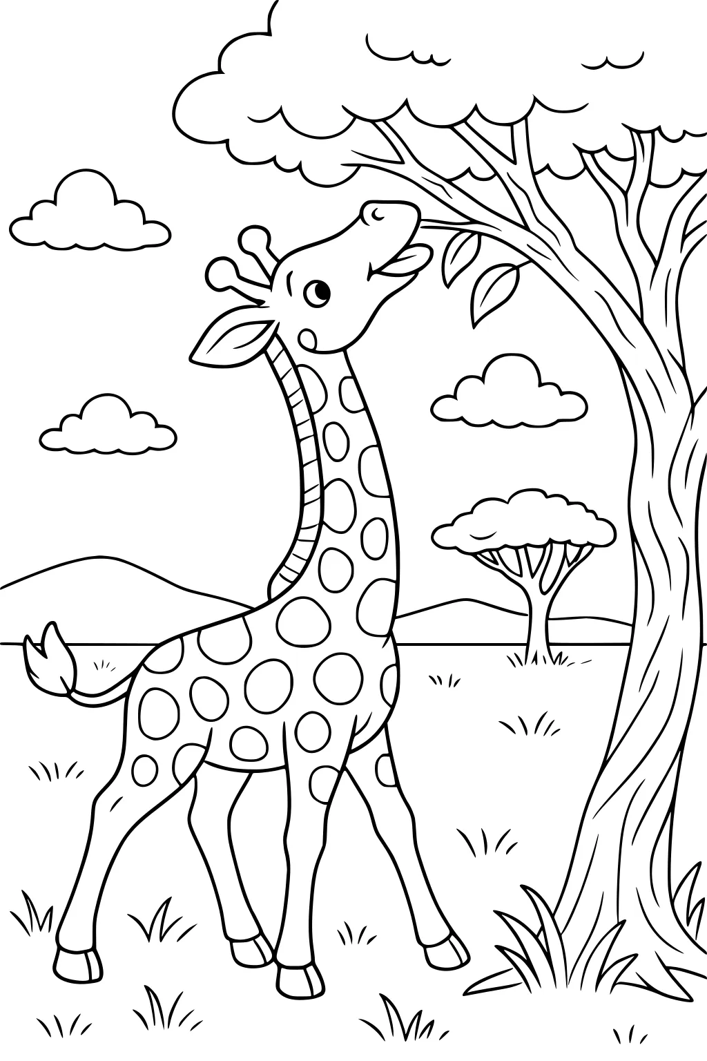 Smiling giraffe with large spots eats tree leaves on a grassy plain, with clouds, trees, and distant hills in the background.