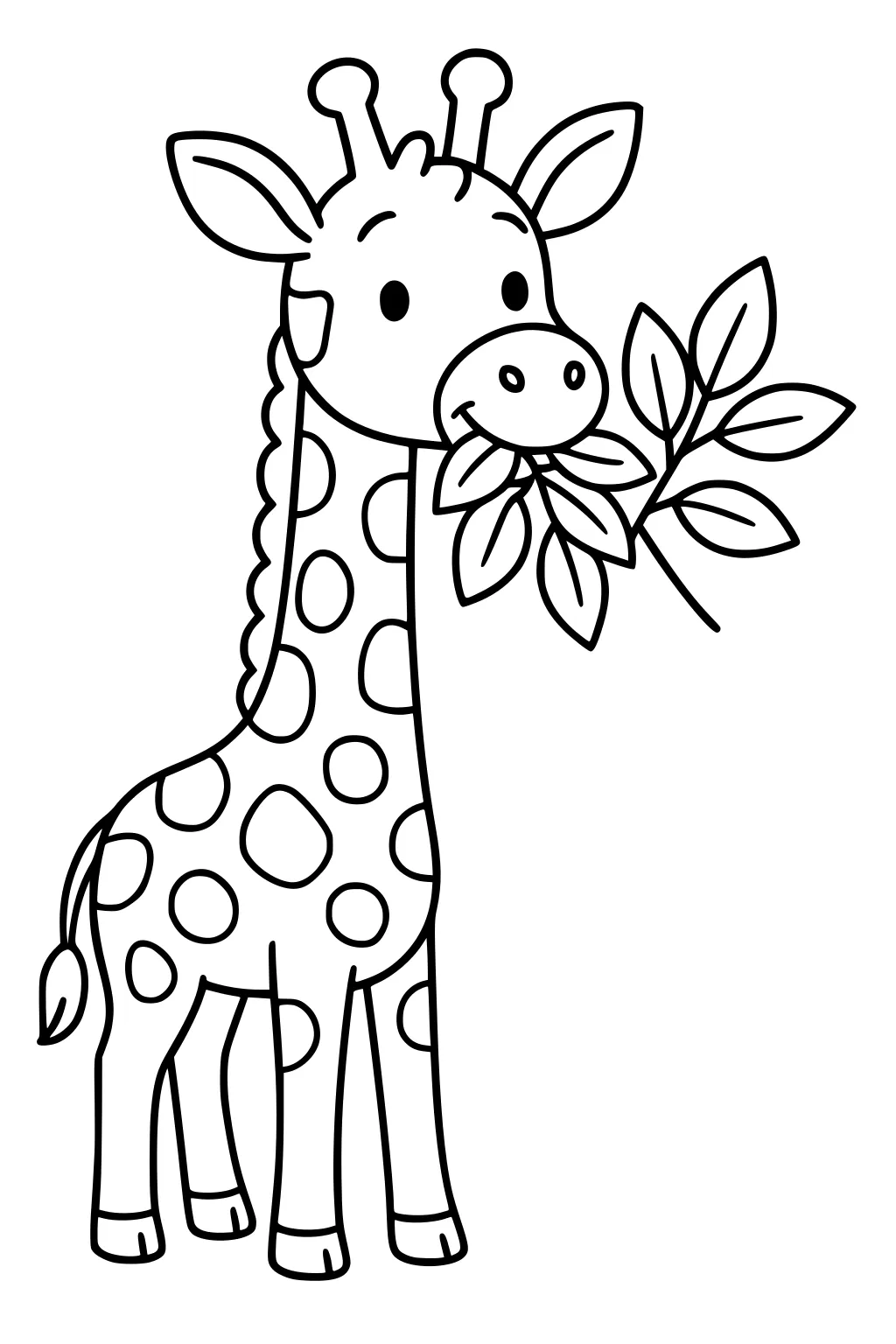 Cartoon giraffe eating leafy branch and standing tall with round spots.