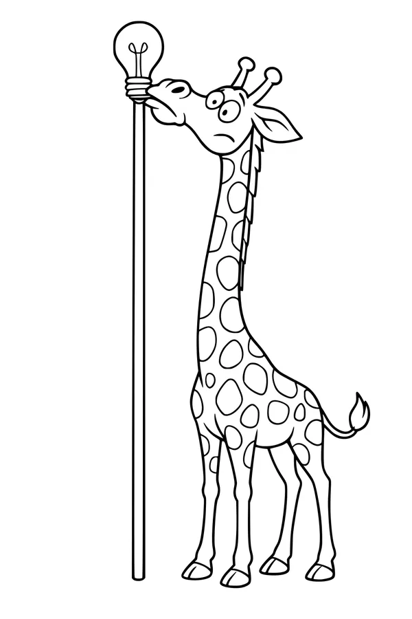 Free Giraffe Coloring Page - Cartoon Giraffe Holding Lightbulb (Printable PDF)