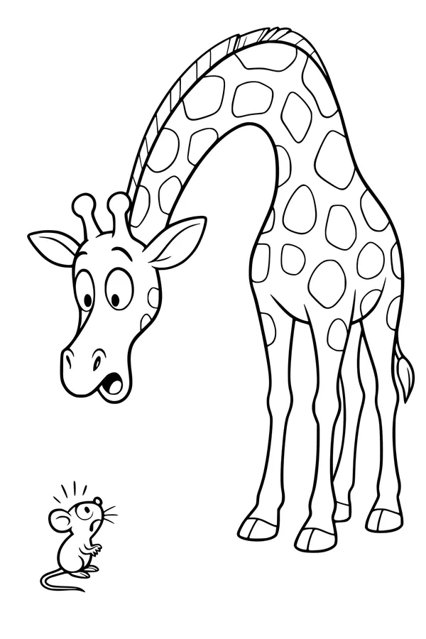 Free Giraffe Coloring Page - Surprised Giraffe Meets Tiny Mouse (Printable PDF)