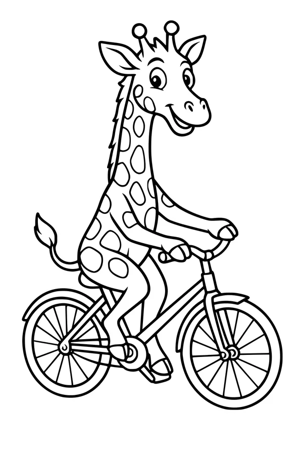 Free Giraffe Coloring Page - Cartoon Giraffe Riding a Bicycle (Printable PDF)