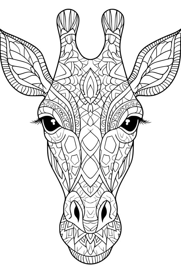 Free Giraffe Coloring Page - Mandala Giraffe Head with Swirly Patterns (Printable PDF)