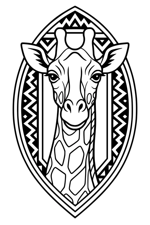 Free Giraffe Coloring Page - Cute Face in Zigzag Frame (Printable PDF)