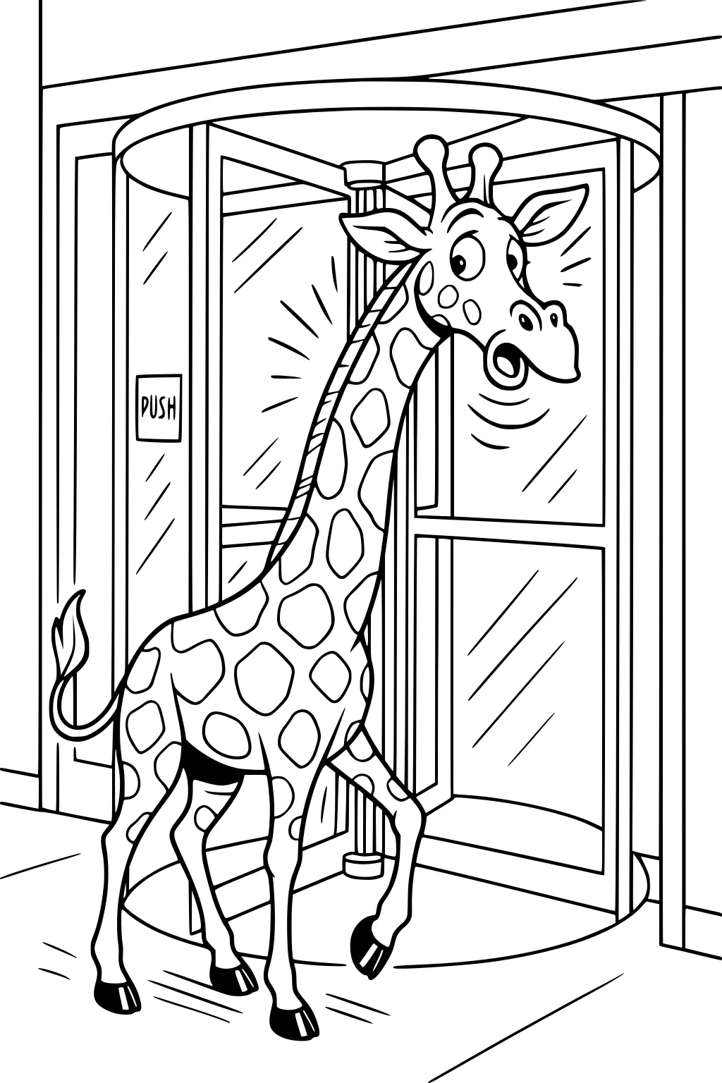 A giraffe steps through a revolving glass door, looking surprised, with spots and a push sign in the background.