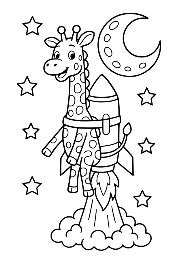 Free Giraffe Coloring Page - Cartoon Giraffe Riding a Rocket in Space (Printable PDF)