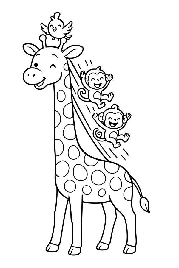 Free Giraffe Coloring Page - Playful Jungle Friends Scene (Printable PDF)
