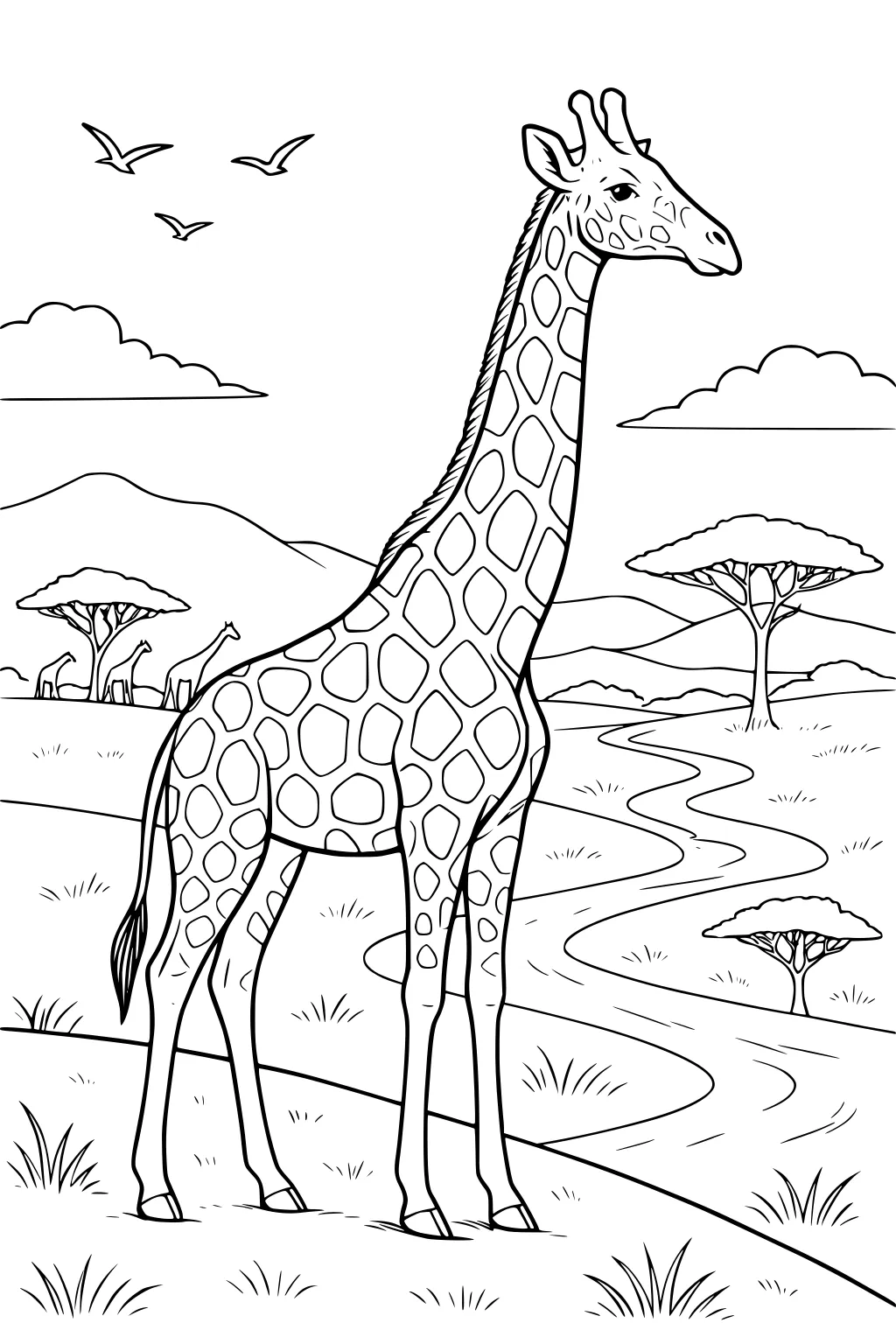 Giraffe standing near a river in a grassy savanna, with trees, distant mountains, birds, clouds, and other giraffes.