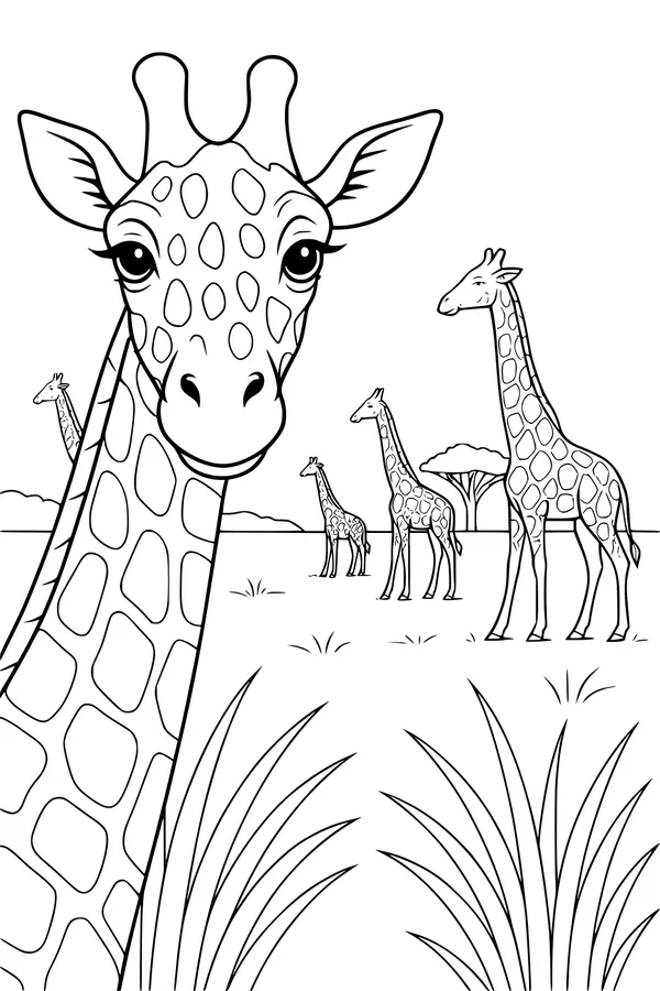 Free Giraffe Coloring Page - Tall Friends on the Savanna (Printable PDF)