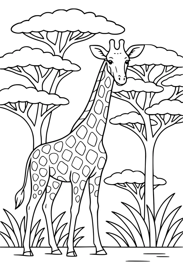 Free Giraffe Coloring Page - Tall Friend Under Savannah Trees (Printable PDF)