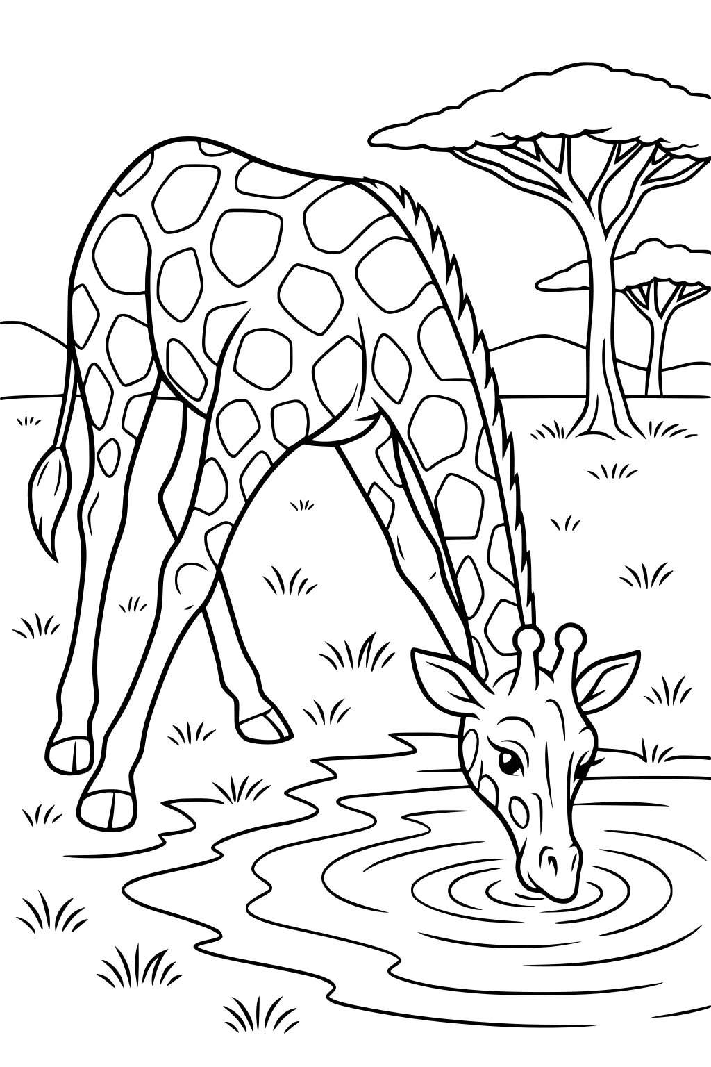 Giraffe drinking from a pond with acacia trees and grassy grassland behind her.