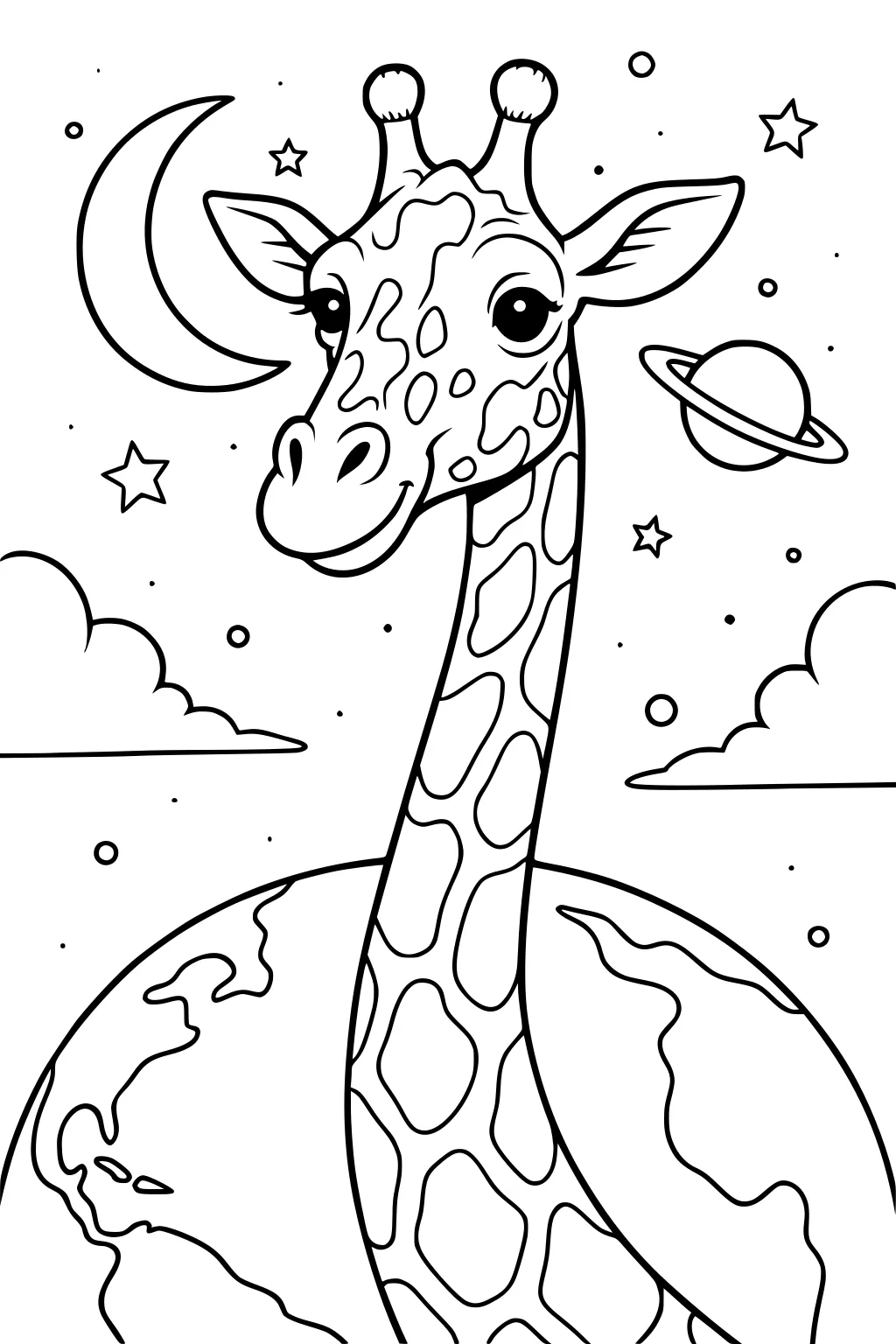 Smiling giraffe with long neck, Earth below, crescent moon, clouds, stars, and a ringed planet in the sky.