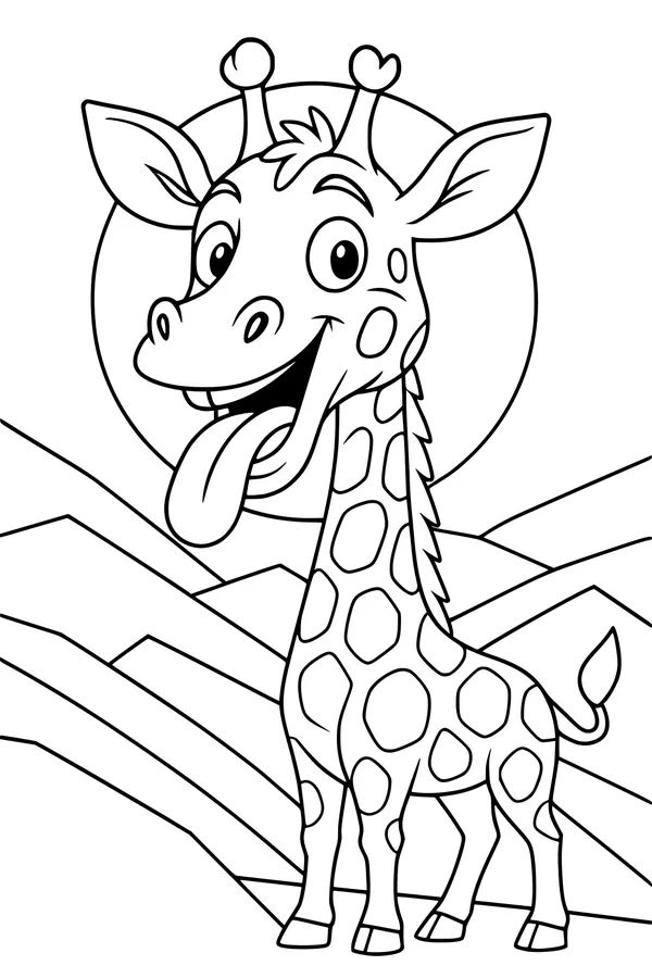 Free Giraffe Coloring Page - Silly Cartoon Giraffe in Sunny Mountains (Printable PDF)