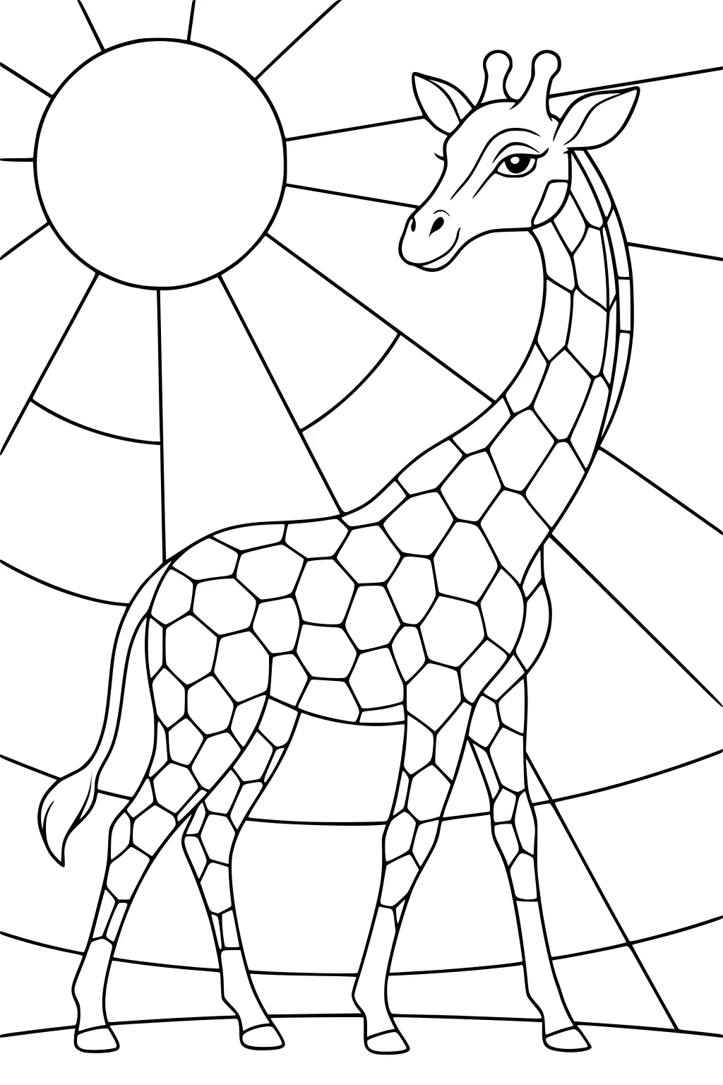 Giraffe with patterned spots standing in front of a large sun and radiating sun rays.