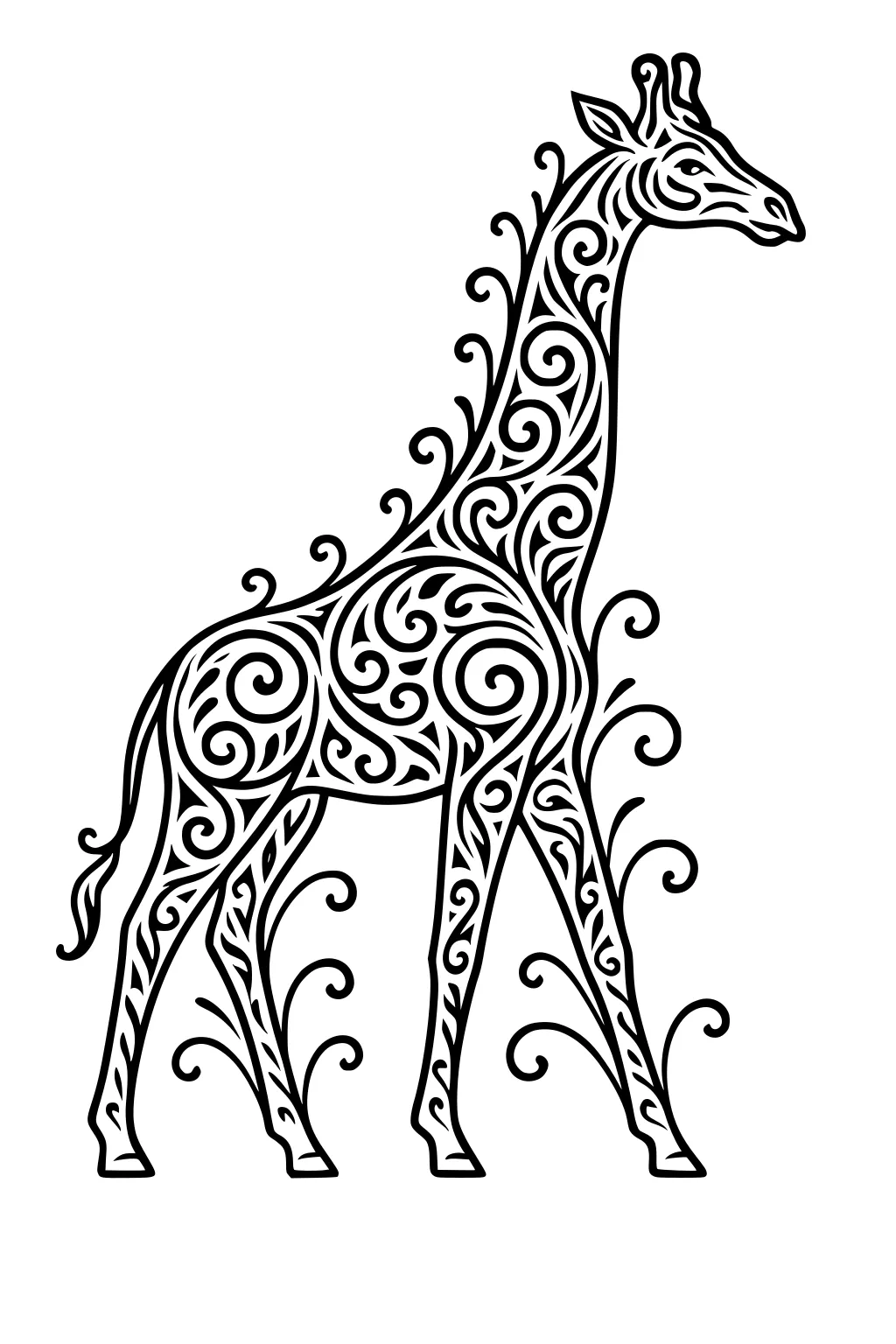 Giraffe with swirling patterns and curly grass shapes on body and legs, head turned, standing upright.