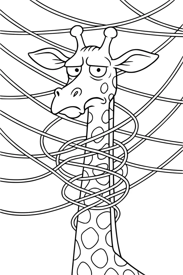 Free Giraffe Coloring Page - Funny Tangled Neck Cartoon (Printable PDF)