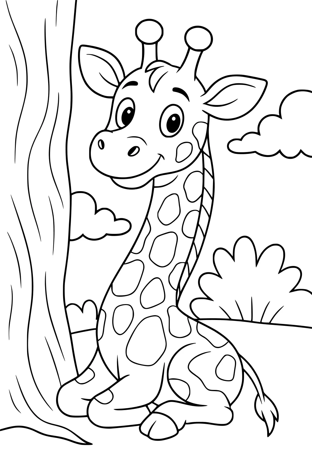 Cartoon giraffe with big eyes and spots sitting next to a tree, surrounded by bushes and clouds.