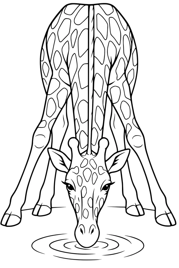 Free Giraffe Coloring Page - Tall Giraffe Drinking at Water Hole (Printable PDF)