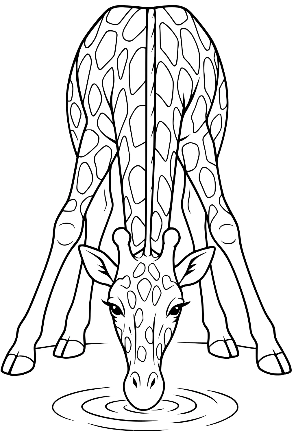 Giraffe with legs spread apart, neck bent low, drinking from rippling water, covered in large spots.