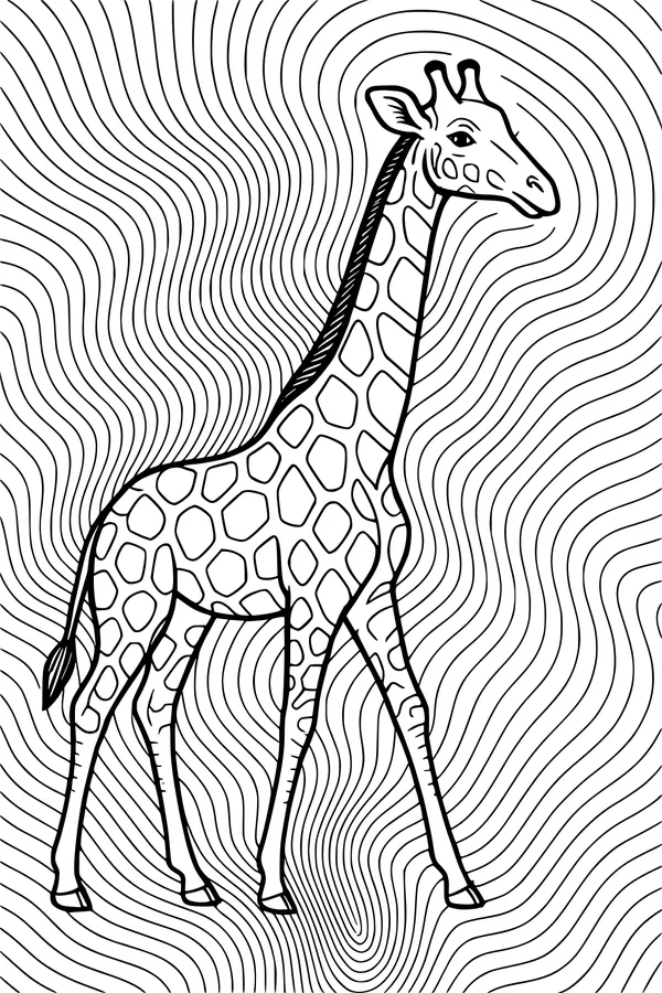 Free Giraffe Coloring Page - Young Spotted Giraffe With Wavy Background (Printable PDF)