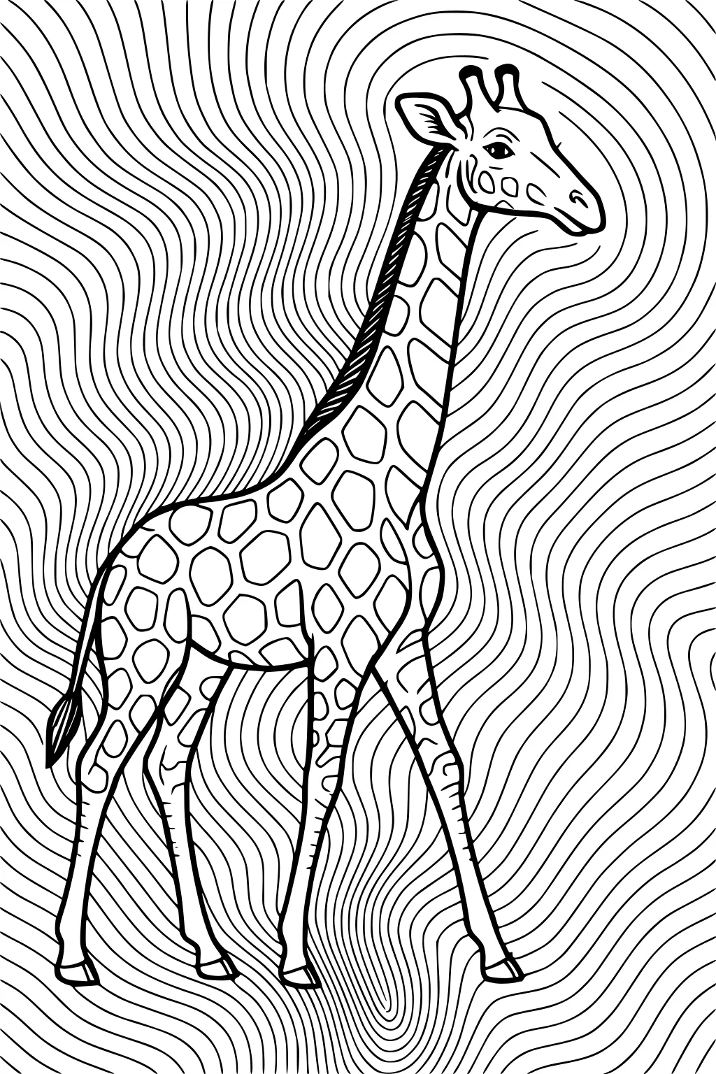 Giraffe with long neck and large spots walking, surrounded by swirling wavy lines in the background.