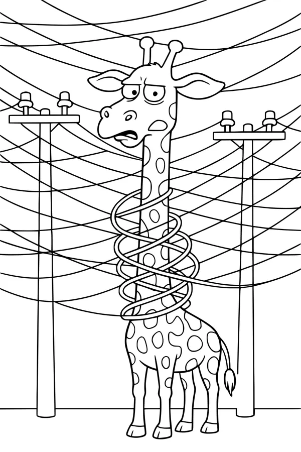 Free Giraffe Coloring Page - Silly Giraffe Tangled in Wires (Printable PDF)