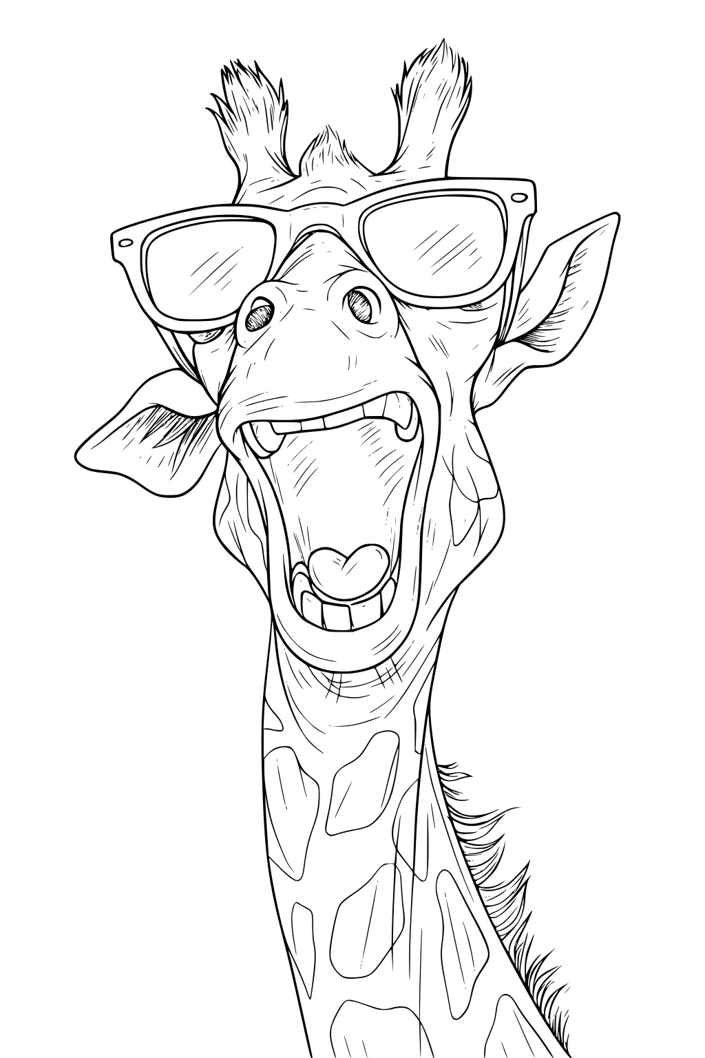 Laughing giraffe wearing large sunglasses, mouth wide open, showing teeth, with tall ears and fuzzy horns.