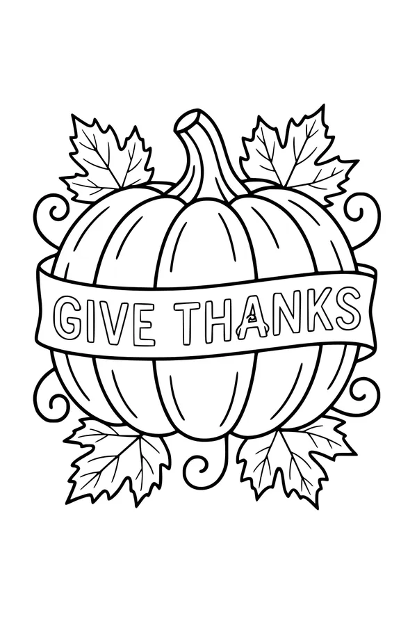 Free Pumpkin Coloring Page - Give Thanks Banner and Fall Leaves (Printable PDF)