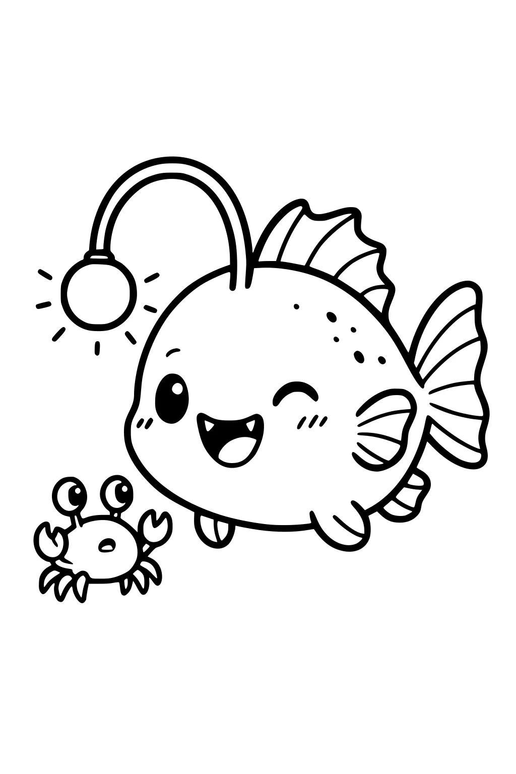 Smiling anglerfish with glowing lure winks beside a wide-eyed crab; simple underwater characters in bold outlines.