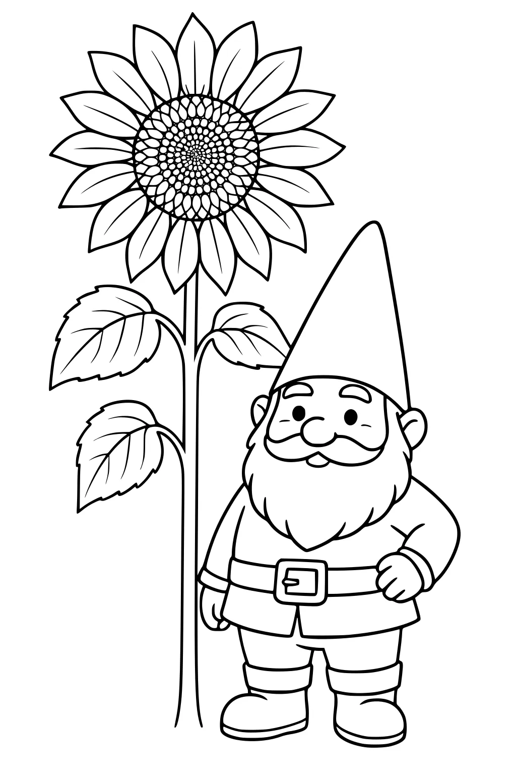 Cartoon gnome with tall hat smiles beside a tall sunflower with many petals and three large leaves, blank background for coloring.