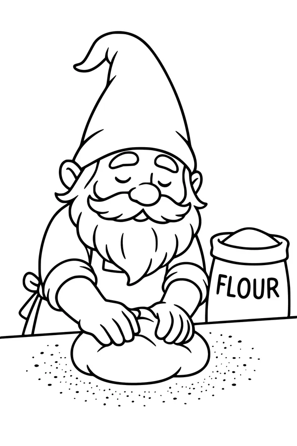 Free Gnome Baker Coloring Page - Kneading Bread Dough in a Floury Kitchen (Printable PDF)