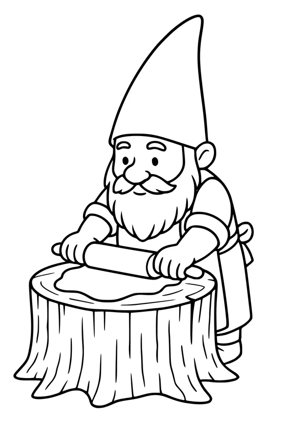Free Gnome Coloring Page - Bearded Baker at Tree Stump Table (Printable PDF)
