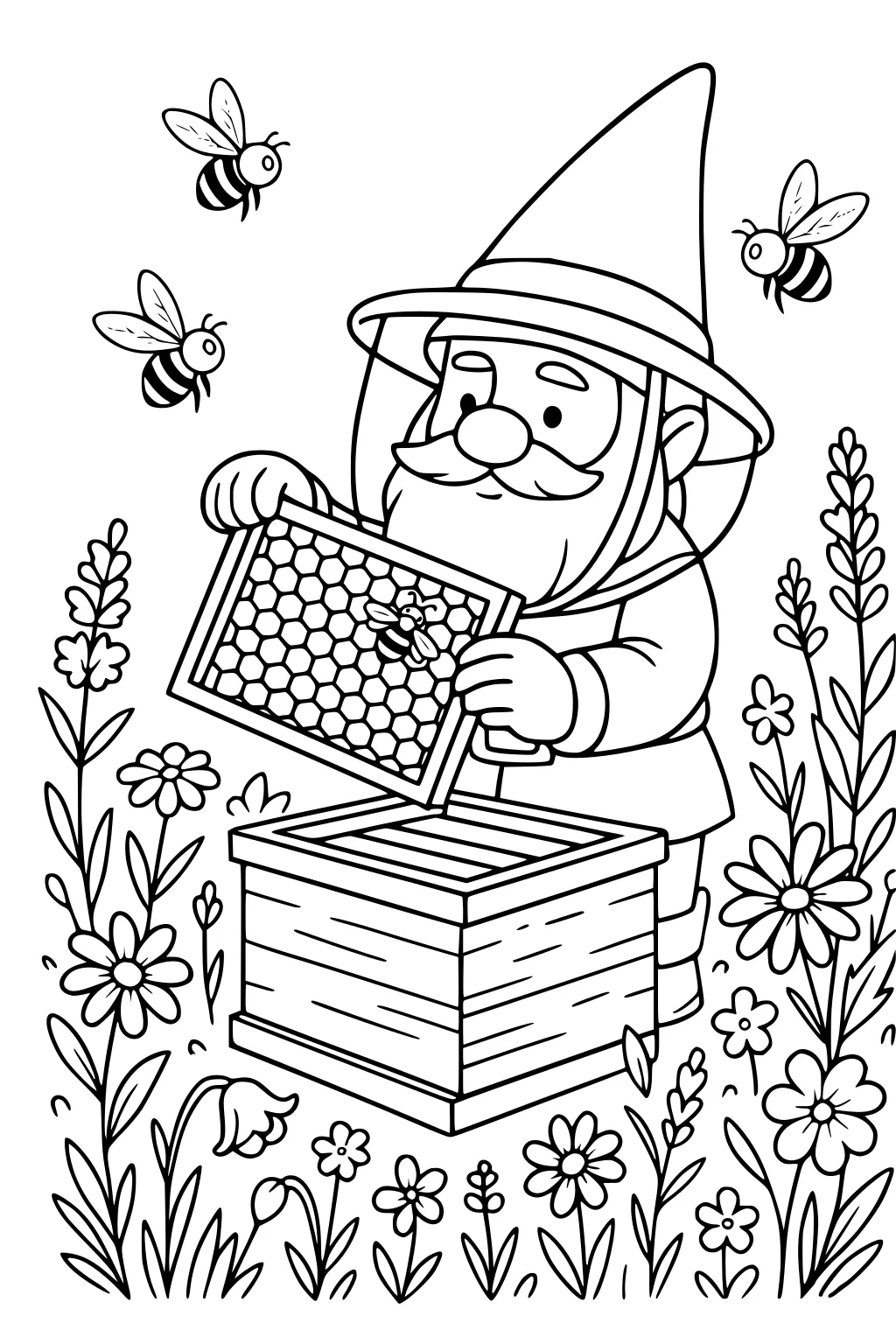 Bearded gnome beekeeper lifts honeycomb frame from hive in a flower garden, bees buzzing around, wearing a hat with veil.