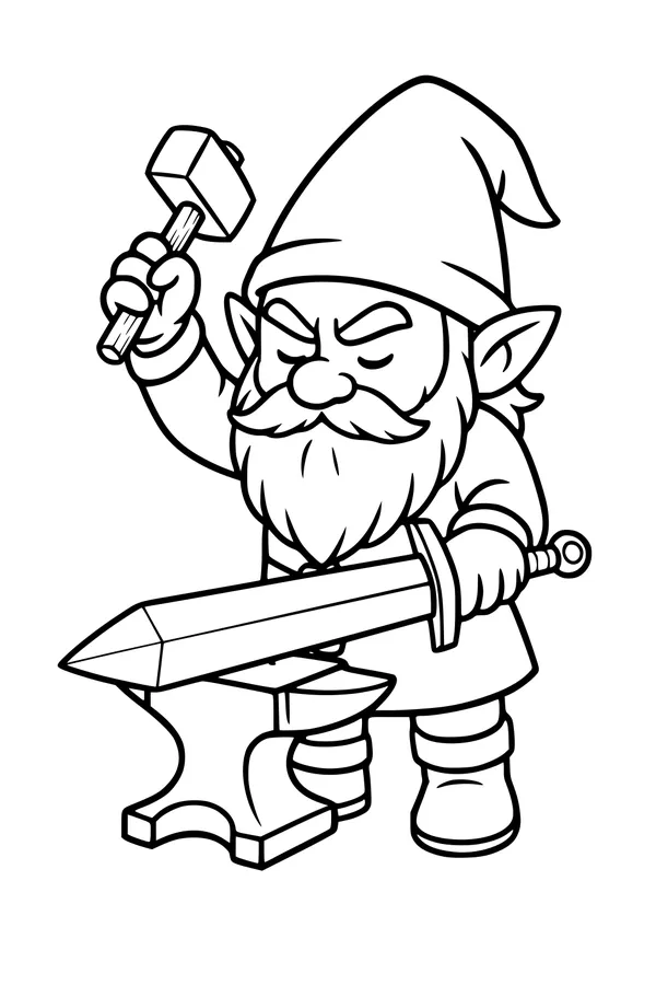 Free Gnome Blacksmith Coloring Page - Forging a Bright Sword (Printable PDF)