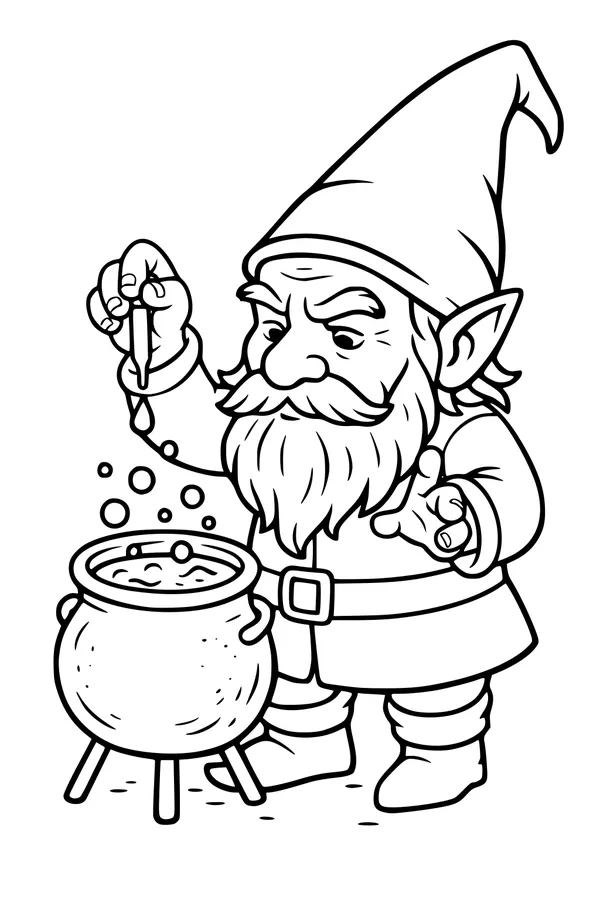 Free Gnome Coloring Page - Bearded Gnome Brewing a Magic Potion (Printable PDF)