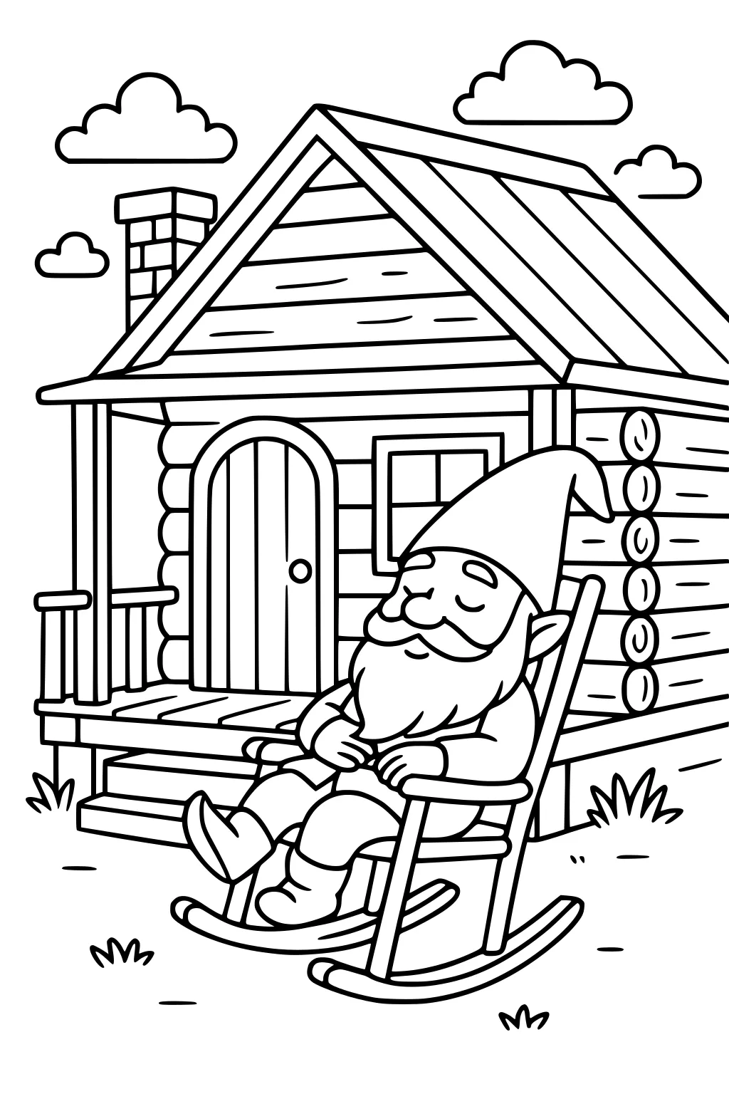 Gnome in pointy hat naps in a rocking chair on a log cabin porch, with chimney, window, clouds, and small grass tufts.