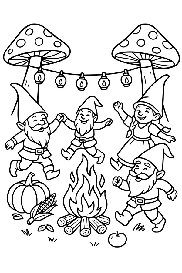 Free Gnome Coloring Page - Campfire Dance Under Mushroom Lanterns (Printable PDF)