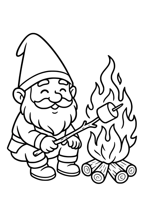 Free Gnome Coloring Page - Roasting Marshmallows by the Campfire (Printable PDF)