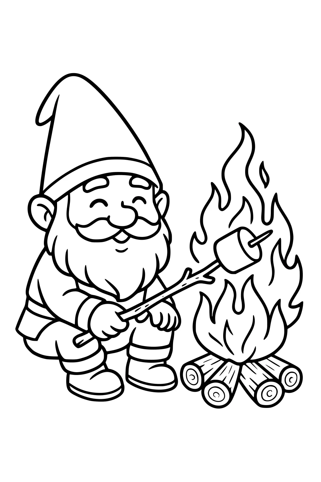 Gnome with pointy hat roasts a marshmallow over a log campfire, smiling with eyes closed and crouching beside tall flames.