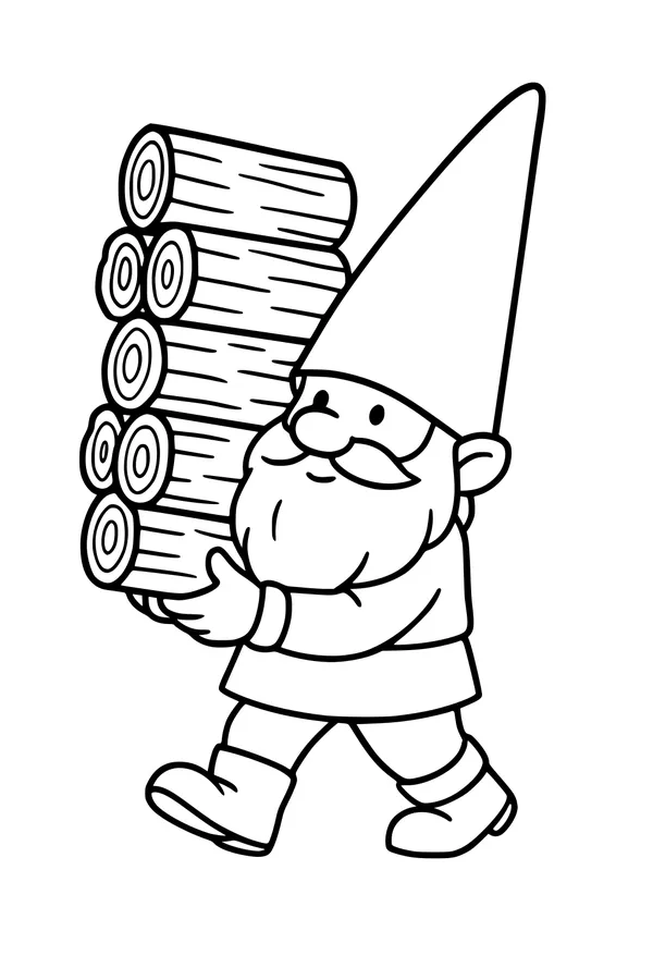 Free Gnome Coloring Page - Bearded Gnome Carrying Firewood (Printable PDF)